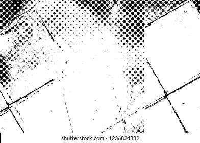 Grunge overlay layer. Abstract black and white vector background. Monochrome vintage surface with dirty pattern in cracks, spots, dots. Old wall in dark horror style design