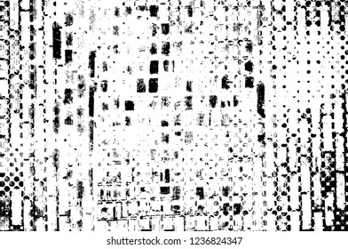Grunge overlay layer. Abstract black and white vector background. Monochrome vintage surface with dirty pattern in cracks, spots, dots. Old wall in dark horror style design