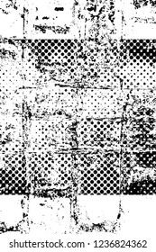 Grunge overlay layer. Abstract black and white vector background. Monochrome vintage surface with dirty pattern in cracks, spots, dots. Old wall in dark horror style design