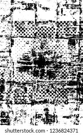 Grunge overlay layer. Abstract black and white vector background. Monochrome vintage surface with dirty pattern in cracks, spots, dots. Old wall in dark horror style design