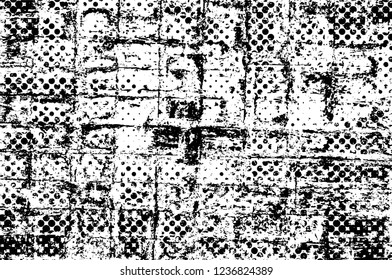 Grunge overlay layer. Abstract black and white vector background. Monochrome vintage surface with dirty pattern in cracks, spots, dots. Old wall in dark horror style design
