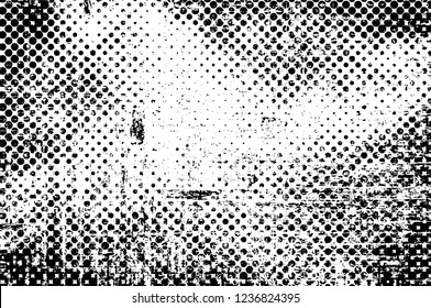 Grunge overlay layer. Abstract black and white vector background. Monochrome vintage surface with dirty pattern in cracks, spots, dots. Old wall in dark horror style design