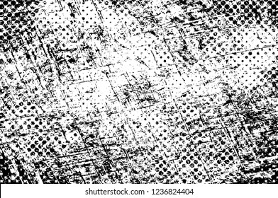 Grunge overlay layer. Abstract black and white vector background. Monochrome vintage surface with dirty pattern in cracks, spots, dots. Old wall in dark horror style design