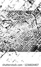 Grunge overlay layer. Abstract black and white vector background. Monochrome vintage surface with dirty pattern in cracks, spots, dots. Old wall in dark horror style design