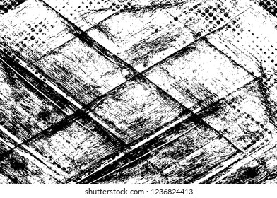 Grunge overlay layer. Abstract black and white vector background. Monochrome vintage surface with dirty pattern in cracks, spots, dots. Old wall in dark horror style design