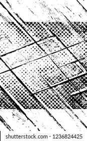 Grunge overlay layer. Abstract black and white vector background. Monochrome vintage surface with dirty pattern in cracks, spots, dots. Old wall in dark horror style design