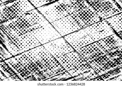 Grunge overlay layer. Abstract black and white vector background. Monochrome vintage surface with dirty pattern in cracks, spots, dots. Old wall in dark horror style design