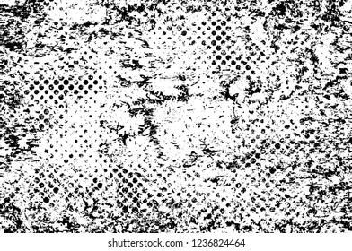 Grunge overlay layer. Abstract black and white vector background. Monochrome vintage surface with dirty pattern in cracks, spots, dots. Old wall in dark horror style design