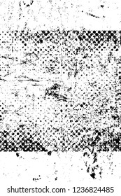 Grunge overlay layer. Abstract black and white vector background. Monochrome vintage surface with dirty pattern in cracks, spots, dots. Old wall in dark horror style design