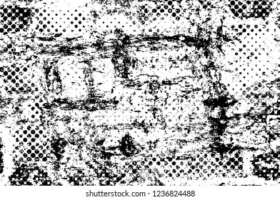 Grunge overlay layer. Abstract black and white vector background. Monochrome vintage surface with dirty pattern in cracks, spots, dots. Old wall in dark horror style design