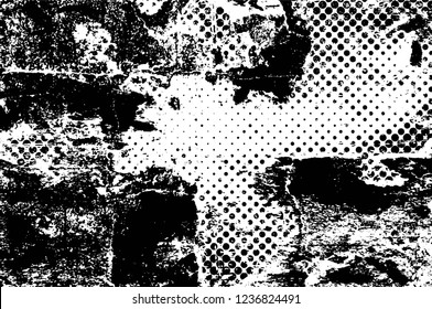 Grunge overlay layer. Abstract black and white vector background. Monochrome vintage surface with dirty pattern in cracks, spots, dots. Old wall in dark horror style design