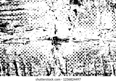 Grunge overlay layer. Abstract black and white vector background. Monochrome vintage surface with dirty pattern in cracks, spots, dots. Old wall in dark horror style design