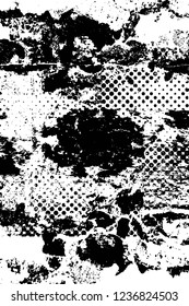 Grunge overlay layer. Abstract black and white vector background. Monochrome vintage surface with dirty pattern in cracks, spots, dots. Old wall in dark horror style design
