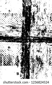 Grunge overlay layer. Abstract black and white vector background. Monochrome vintage surface with dirty pattern in cracks, spots, dots. Old wall in dark horror style design
