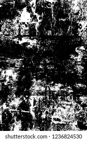 Grunge overlay layer. Abstract black and white vector background. Monochrome vintage surface with dirty pattern in cracks, spots, dots. Old wall in dark horror style design