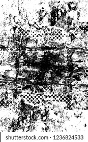 Grunge overlay layer. Abstract black and white vector background. Monochrome vintage surface with dirty pattern in cracks, spots, dots. Old wall in dark horror style design