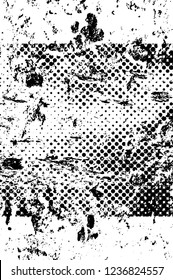 Grunge overlay layer. Abstract black and white vector background. Monochrome vintage surface with dirty pattern in cracks, spots, dots. Old wall in dark horror style design