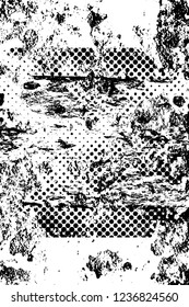 Grunge overlay layer. Abstract black and white vector background. Monochrome vintage surface with dirty pattern in cracks, spots, dots. Old wall in dark horror style design