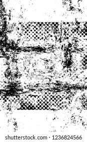 Grunge overlay layer. Abstract black and white vector background. Monochrome vintage surface with dirty pattern in cracks, spots, dots. Old wall in dark horror style design
