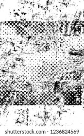 Grunge overlay layer. Abstract black and white vector background. Monochrome vintage surface with dirty pattern in cracks, spots, dots. Old wall in dark horror style design