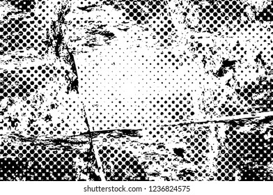 Grunge overlay layer. Abstract black and white vector background. Monochrome vintage surface with dirty pattern in cracks, spots, dots. Old wall in dark horror style design