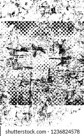 Grunge overlay layer. Abstract black and white vector background. Monochrome vintage surface with dirty pattern in cracks, spots, dots. Old wall in dark horror style design