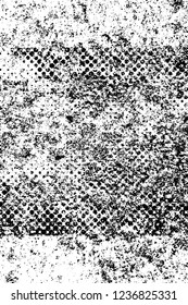 Grunge overlay layer. Abstract black and white vector background. Monochrome vintage surface with dirty pattern in cracks, spots, dots. Old wall in dark horror style design