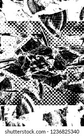 Grunge overlay layer. Abstract black and white vector background. Monochrome vintage surface with dirty pattern in cracks, spots, dots. Old wall in dark horror style design