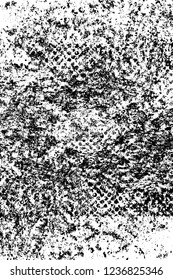 Grunge overlay layer. Abstract black and white vector background. Monochrome vintage surface with dirty pattern in cracks, spots, dots. Old wall in dark horror style design