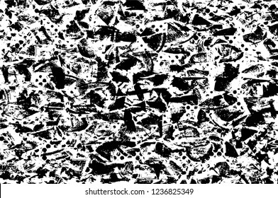 Grunge overlay layer. Abstract black and white vector background. Monochrome vintage surface with dirty pattern in cracks, spots, dots. Old wall in dark horror style design