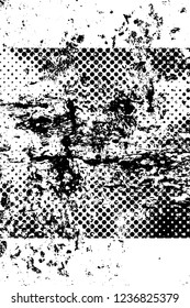 Grunge overlay layer. Abstract black and white vector background. Monochrome vintage surface with dirty pattern in cracks, spots, dots. Old wall in dark horror style design