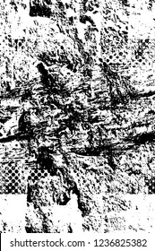 Grunge overlay layer. Abstract black and white vector background. Monochrome vintage surface with dirty pattern in cracks, spots, dots. Old wall in dark horror style design