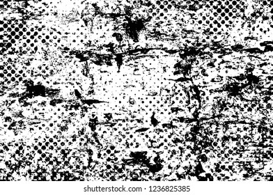 Grunge overlay layer. Abstract black and white vector background. Monochrome vintage surface with dirty pattern in cracks, spots, dots. Old wall in dark horror style design