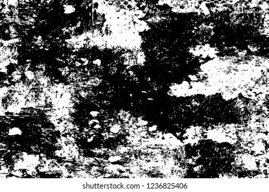 Grunge overlay layer. Abstract black and white vector background. Monochrome vintage surface with dirty pattern in cracks, spots, dots. Old wall in dark horror style design