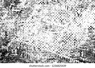 Grunge overlay layer. Abstract black and white vector background. Monochrome vintage surface with dirty pattern in cracks, spots, dots. Old wall in dark horror style design