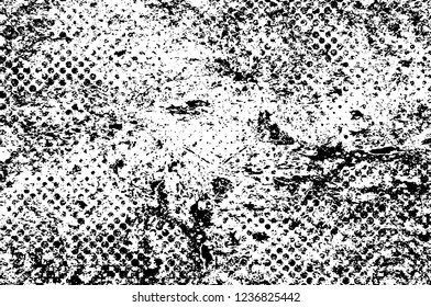 Grunge overlay layer. Abstract black and white vector background. Monochrome vintage surface with dirty pattern in cracks, spots, dots. Old wall in dark horror style design