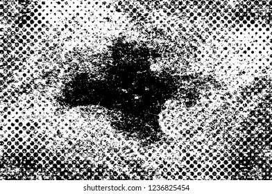 Grunge overlay layer. Abstract black and white vector background. Monochrome vintage surface with dirty pattern in cracks, spots, dots. Old wall in dark horror style design