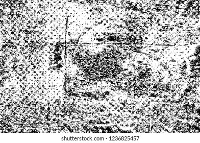 Grunge overlay layer. Abstract black and white vector background. Monochrome vintage surface with dirty pattern in cracks, spots, dots. Old wall in dark horror style design