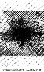 Grunge overlay layer. Abstract black and white vector background. Monochrome vintage surface with dirty pattern in cracks, spots, dots. Old wall in dark horror style design