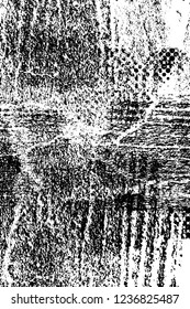 Grunge overlay layer. Abstract black and white vector background. Monochrome vintage surface with dirty pattern in cracks, spots, dots. Old wall in dark horror style design