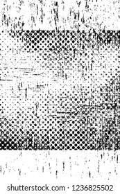 Grunge overlay layer. Abstract black and white vector background. Monochrome vintage surface with dirty pattern in cracks, spots, dots. Old wall in dark horror style design
