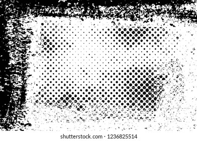 Grunge overlay layer. Abstract black and white vector background. Monochrome vintage surface with dirty pattern in cracks, spots, dots. Old wall in dark horror style design