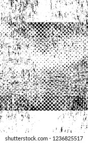 Grunge overlay layer. Abstract black and white vector background. Monochrome vintage surface with dirty pattern in cracks, spots, dots. Old wall in dark horror style design