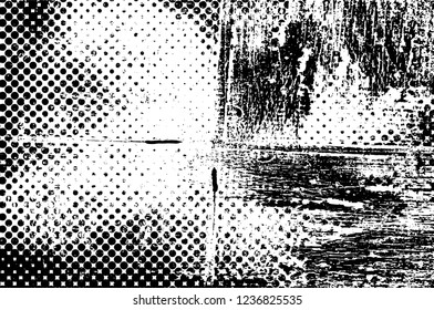 Grunge overlay layer. Abstract black and white vector background. Monochrome vintage surface with dirty pattern in cracks, spots, dots. Old wall in dark horror style design