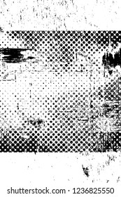 Grunge overlay layer. Abstract black and white vector background. Monochrome vintage surface with dirty pattern in cracks, spots, dots. Old wall in dark horror style design