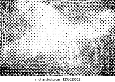 Grunge overlay layer. Abstract black and white vector background. Monochrome vintage surface with dirty pattern in cracks, spots, dots. Old wall in dark horror style design