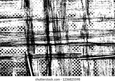 Grunge overlay layer. Abstract black and white vector background. Monochrome vintage surface with dirty pattern in cracks, spots, dots. Old wall in dark horror style design