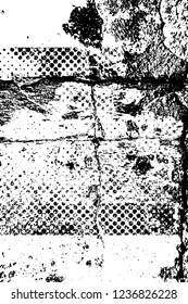 Grunge overlay layer. Abstract black and white vector background. Monochrome vintage surface with dirty pattern in cracks, spots, dots. Old wall in dark horror style design