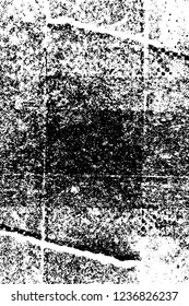 Grunge overlay layer. Abstract black and white vector background. Monochrome vintage surface with dirty pattern in cracks, spots, dots. Old wall in dark horror style design