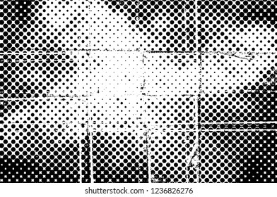 Grunge overlay layer. Abstract black and white vector background. Monochrome vintage surface with dirty pattern in cracks, spots, dots. Old wall in dark horror style design